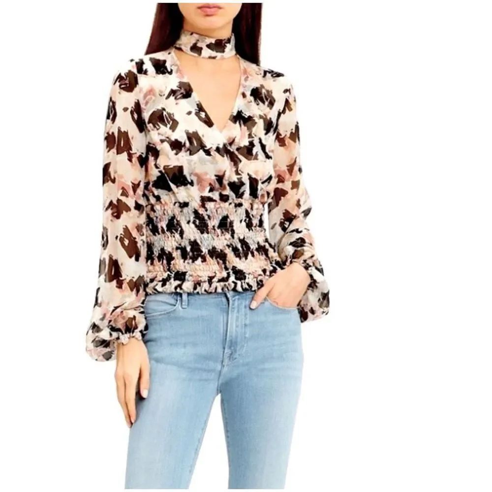 CAROLINE CONSTAS Sonya Smocked Silk Floral Print Sheer Blouse Women’s Size Small